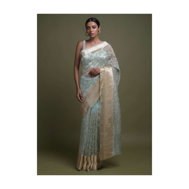 Mint Blue Saree In Organza With Gotta Patch, Zari And Sequins Work In Moroccan Mesh Pattern Online - Kalki Fashion