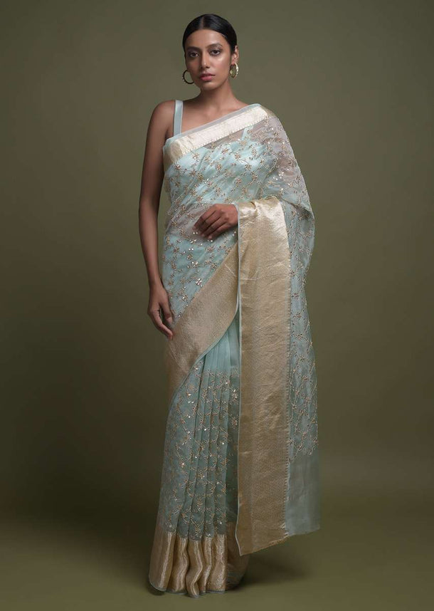 Mint Blue Saree In Organza With Gotta Patch, Zari And Sequins Work In Moroccan Mesh Pattern Online - Kalki Fashion