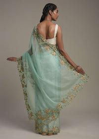 Mint Blue Saree In Organza With Hand Embroidered Border And Unstitched Blouse Piece Online - Kalki Fashion