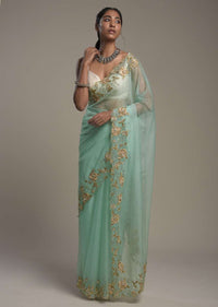 Mint Blue Saree In Organza With Hand Embroidered Border And Unstitched Blouse Piece Online - Kalki Fashion