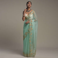 Mint Blue Saree In Organza With Hand Embroidered Border And Unstitched Blouse Piece Online - Kalki Fashion