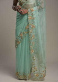 Mint Blue Saree In Organza With Hand Embroidered Border And Unstitched Blouse Piece Online - Kalki Fashion