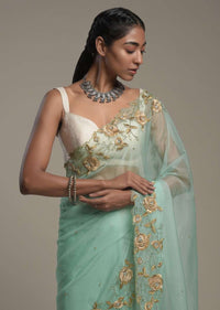 Mint Blue Saree In Organza With Hand Embroidered Border And Unstitched Blouse Piece Online - Kalki Fashion