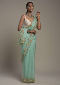 Mint Blue Saree In Organza With Hand Embroidered Border And Unstitched Blouse Piece Online - Kalki Fashion