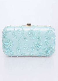 Mint blue sling clutch bag with self resham, moti and cut dana floral embroidery only on Kalki