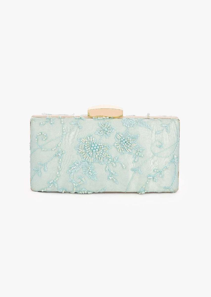 Mint Elongated Box Clutch In Embroidered Net With Elaborate Metal Clasp And Cut Dana And Resham Embroidered Floral Motifs Online - Kalki Fashion