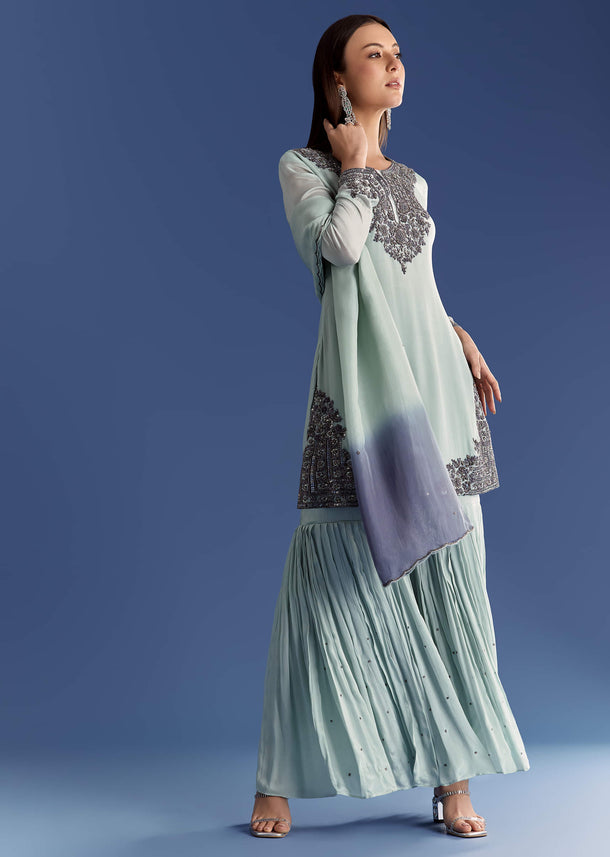 Mint Green Chinon Kurta Set With Beads And Ombre Dupatta