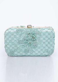 Mint green clutch with self cord, moti, cut dana and resham embroidery only on Kalki