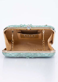 Mint green clutch with self cord, moti, cut dana and resham embroidery only on Kalki