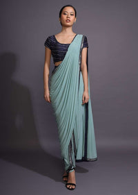 Mint Green Dhoti Saree And Navy Blue Blouse With Mirror And Cut Dana Work Online - Kalki Fashion