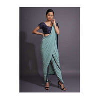 Mint Green Dhoti Saree And Navy Blue Blouse With Mirror And Cut Dana Work Online - Kalki Fashion