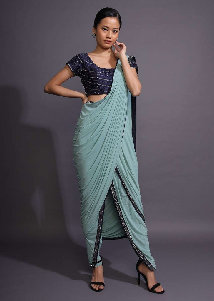 Mint Green Dhoti Saree And Navy Blue Blouse With Mirror And Cut Dana Work Online - Kalki Fashion