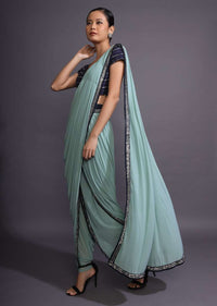 Mint Green Dhoti Saree And Navy Blue Blouse With Mirror And Cut Dana Work Online - Kalki Fashion