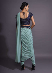 Mint Green Dhoti Saree And Navy Blue Blouse With Mirror And Cut Dana Work Online - Kalki Fashion