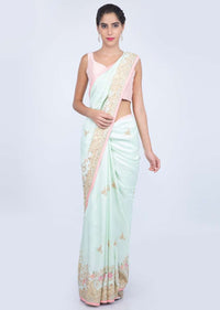 Mint green dupion silk saree with embroidery and butti only on kalki