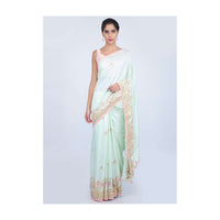 Mint green dupion silk saree with embroidery and butti only on kalki