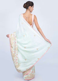 Mint green dupion silk saree with embroidery and butti only on kalki