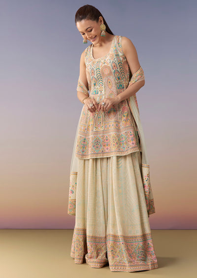 Mint Green Floral Embellished Palazzo Set With Dupatta