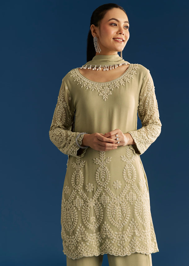 Mint Green Georgette Kurta Set With Beaded Tassel Dupatta