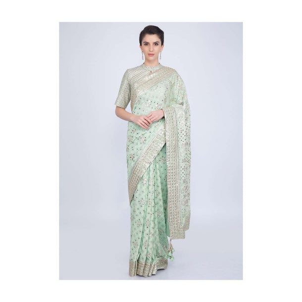 Mint green saree in lucknowi embroidered georgette  Online - Kalki Fashion