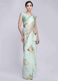 Mint green organza saree in digital floral print only on Kalki