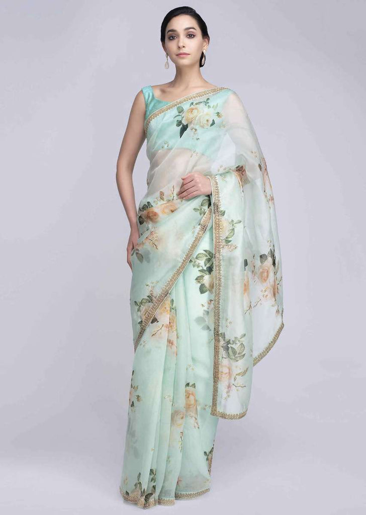 Mint green organza saree in digital floral print only on Kalki