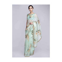 Mint green organza saree in digital floral print only on Kalki