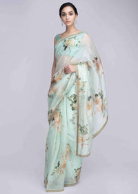 Mint green organza saree in digital floral print only on Kalki