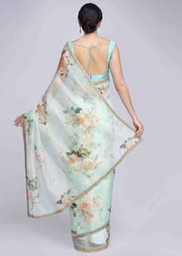 Mint green organza saree in digital floral print only on Kalki