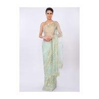 Mint green organza saree in floral embroidery and butti only on kalki