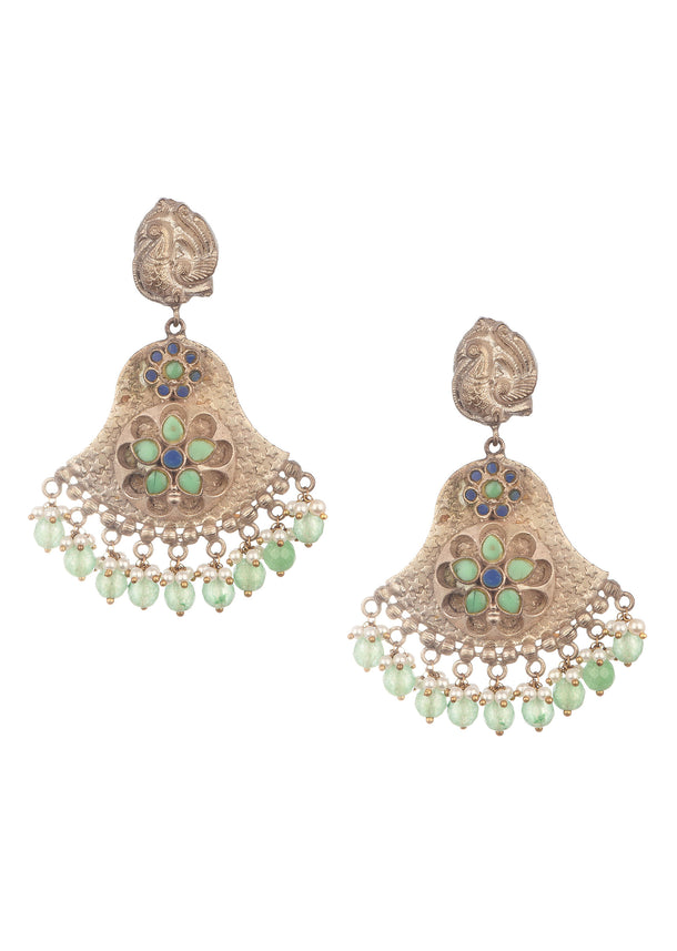 Mint Green Oxidized Dangler Earrings In Mix Metal