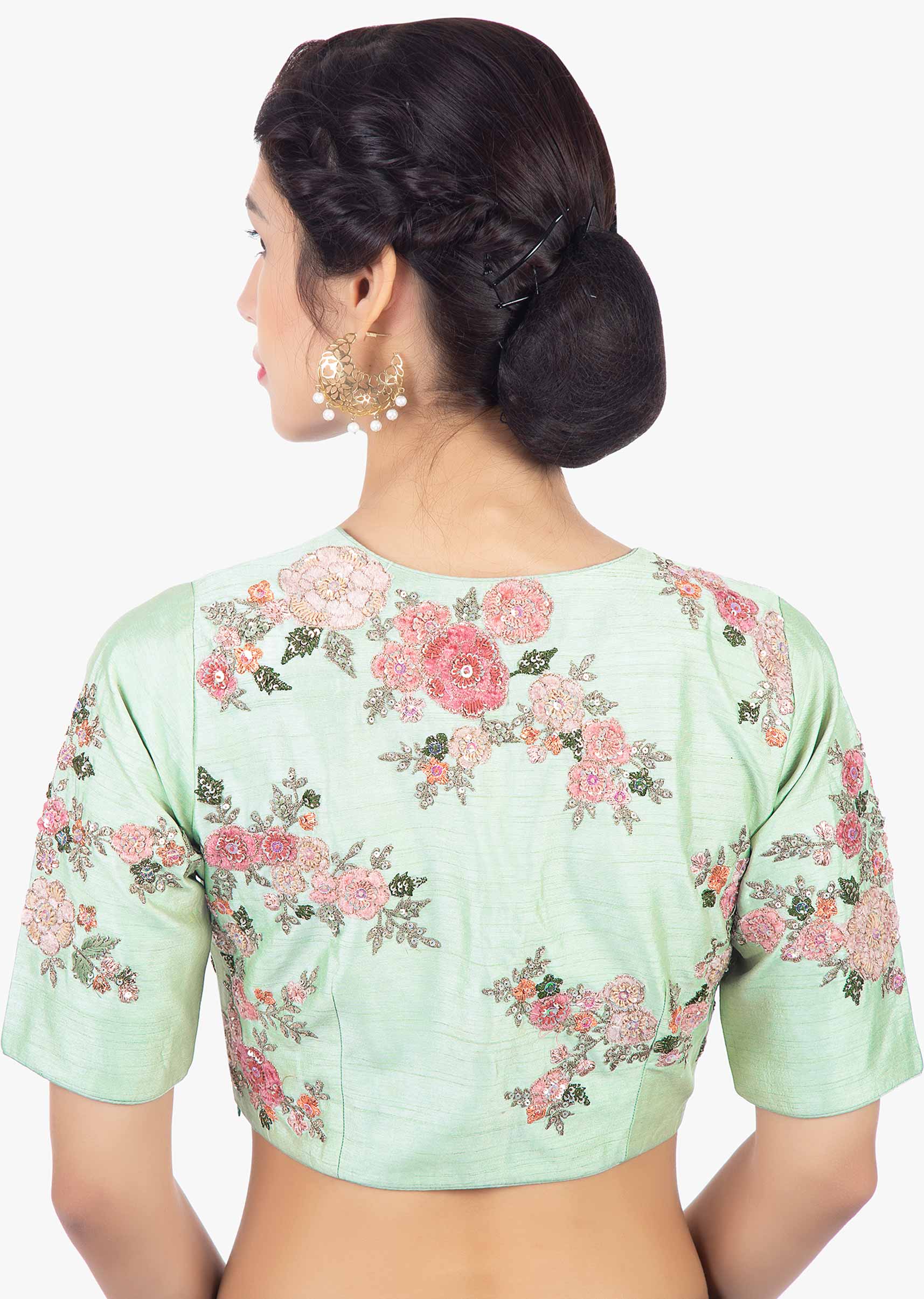 Mint green raw silk blouse in velvet and zari floral embroidery