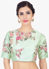 Mint Green Blouse In Raw Silk With Velvet And Zari Floral Embroidery