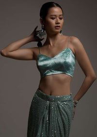 Mint Green Ready Pleated Saree In Sequins Embellished Net And Matching Velvet Blouse Online - Kalki Fashion