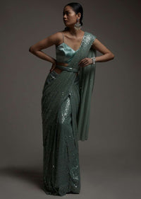 Mint Green Ready Pleated Saree In Sequins Embellished Net And Matching Velvet Blouse Online - Kalki Fashion