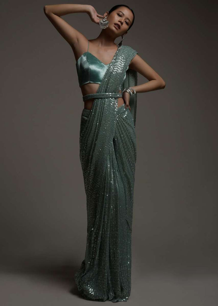 Mint Green Ready Pleated Saree In Sequins Embellished Net And Matching Velvet Blouse Online - Kalki Fashion