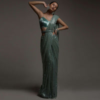 Mint Green Ready Pleated Saree In Sequins Embellished Net And Matching Velvet Blouse Online - Kalki Fashion