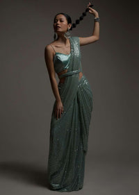 Mint Green Ready Pleated Saree In Sequins Embellished Net And Matching Velvet Blouse Online - Kalki Fashion