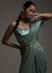 Mint Green Ready Pleated Saree In Sequins Embellished Net And Matching Velvet Blouse Online - Kalki Fashion