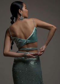 Mint Green Ready Pleated Saree In Sequins Embellished Net And Matching Velvet Blouse Online - Kalki Fashion