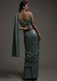 Mint Green Ready Pleated Saree In Sequins Embellished Net And Matching Velvet Blouse Online - Kalki Fashion