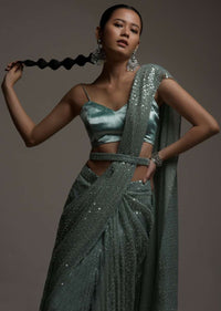 Mint Green Ready Pleated Saree In Sequins Embellished Net And Matching Velvet Blouse Online - Kalki Fashion