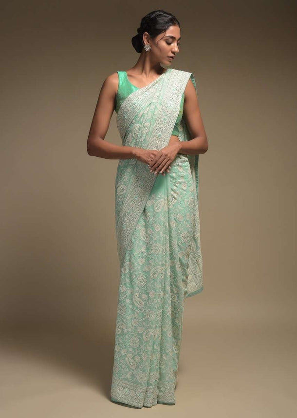 Mint Green Saree In Georgette Adorned With Lucknowi Thread Embroidery In Paisley Jaal