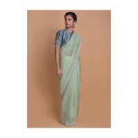 Mint Green Saree In Organza With Embellished Scallop Cut Border Online - Kalki Fashion