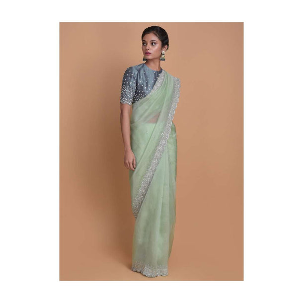 Mint Green Saree In Organza With Embellished Scallop Cut Border Online - Kalki Fashion