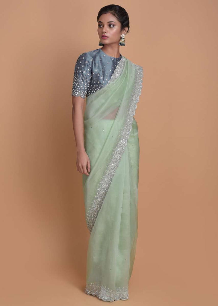 Mint Green Saree In Organza With Embellished Scallop Cut Border Online - Kalki Fashion