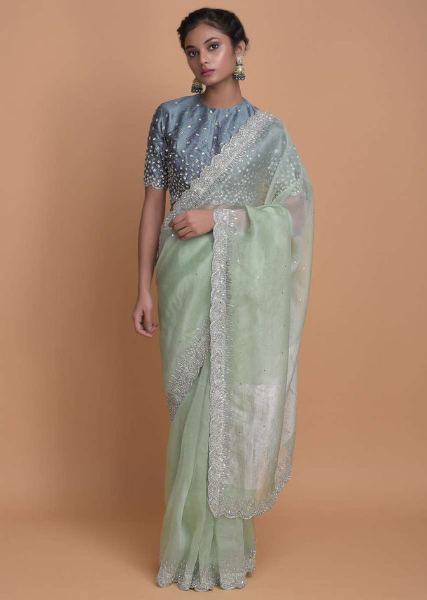 Mint Green Saree In Organza With Embellished Scallop Cut Border Online - Kalki Fashion