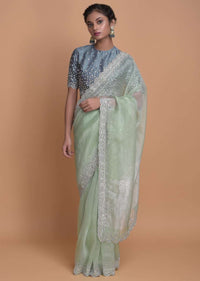 Mint Green Saree In Organza With Embellished Scallop Cut Border Online - Kalki Fashion