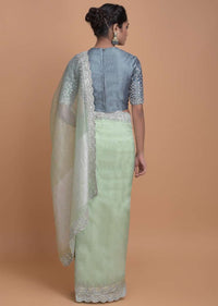 Mint Green Saree In Organza With Embellished Scallop Cut Border Online - Kalki Fashion