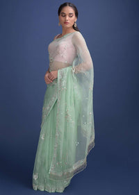 Mint Green Saree In Organza With Sequins, Beads And Gotta Patches In Floral Motifs Online - Kalki Fashion